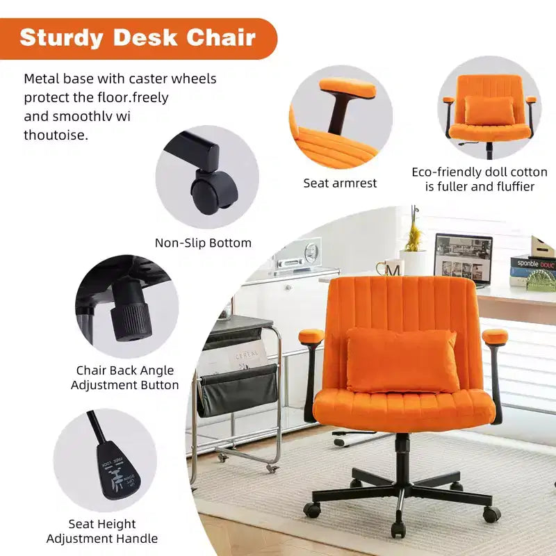 Okak Modern Adjustable Armrest Home Office Desk Chair with Criss Cross Legs,Velvet Swivel Task Chair for Office,Study,Studio