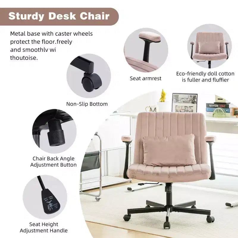 Okak Modern Adjustable Armrest Home Office Desk Chair with Criss Cross Legs,Velvet Swivel Task Chair for Office,Study,Studio