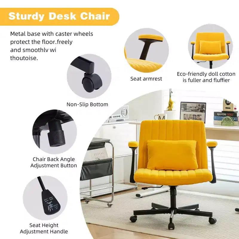 Okak Modern Adjustable Armrest Home Office Desk Chair with Criss Cross Legs,Velvet Swivel Task Chair for Office,Study,Studio