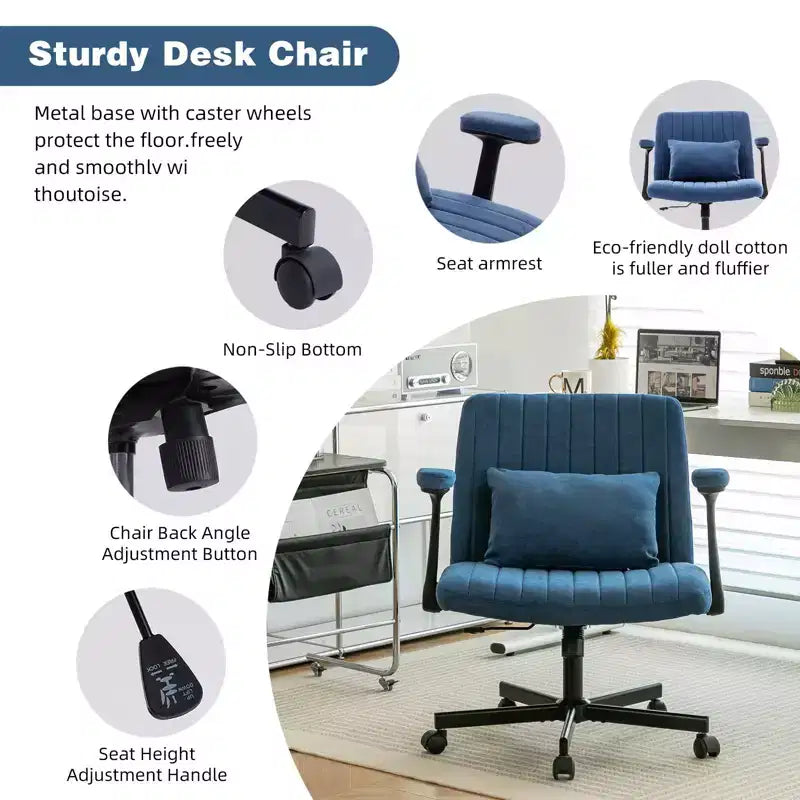 Okak Modern Adjustable Armrest Home Office Desk Chair with Criss Cross Legs,Velvet Swivel Task Chair for Office,Study,Studio