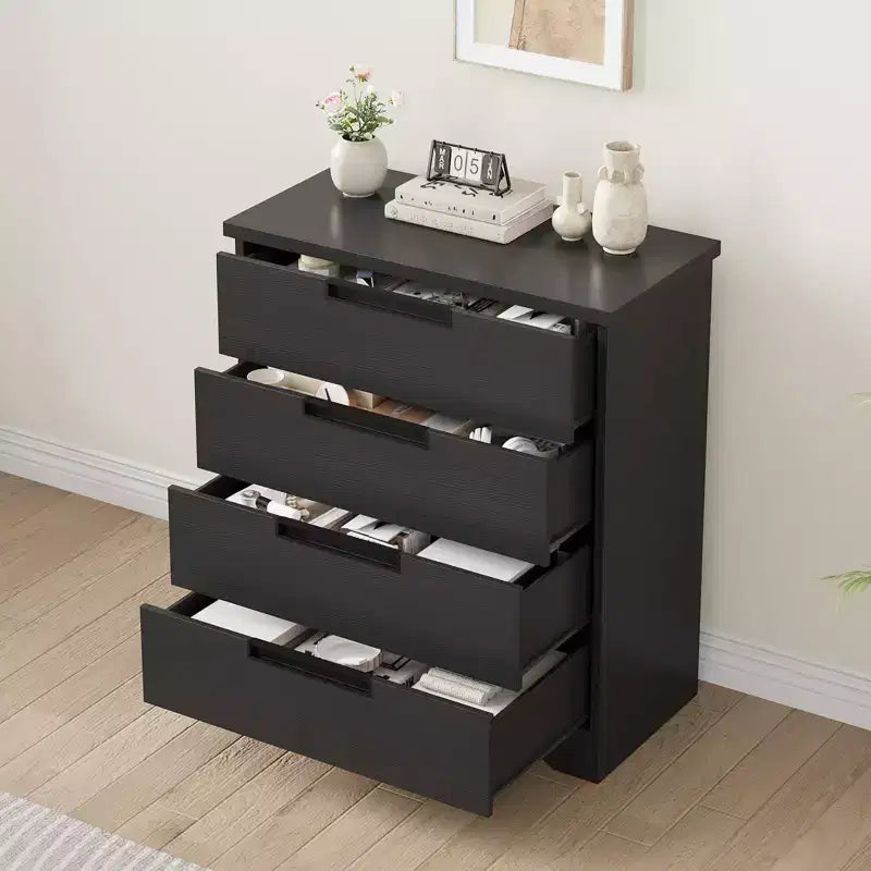 4 Drawer Dresser for Bedroom, Embedded Handles Design, Modern Wooden Drawer Cabinet, Space-Saving Compact Storage, for Living Room, Hallway - Black