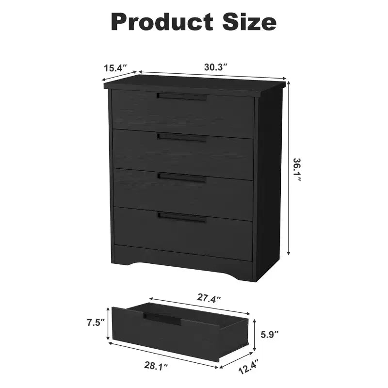 4 Drawer Dresser for Bedroom, Embedded Handles Design, Modern Wooden Drawer Cabinet, Space-Saving Compact Storage, for Living Room, Hallway - Black