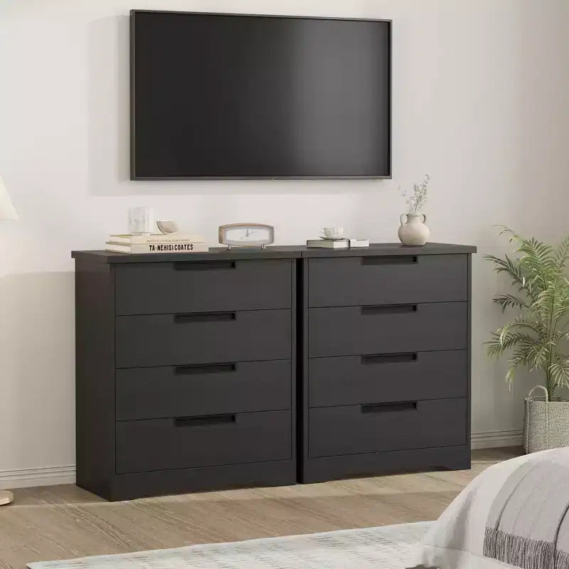 4 Drawer Dresser for Bedroom, Embedded Handles Design, Modern Wooden Drawer Cabinet, Space-Saving Compact Storage, for Living Room, Hallway - Black