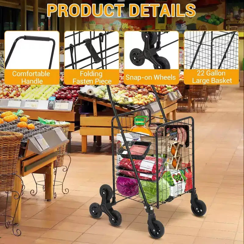 Acekool 110L Folding Utility Cart with Stair-Climbing 360 Wheels, 110 lbs Capacity Wagon for Groceries, Laundry & Multi-Surface Transport