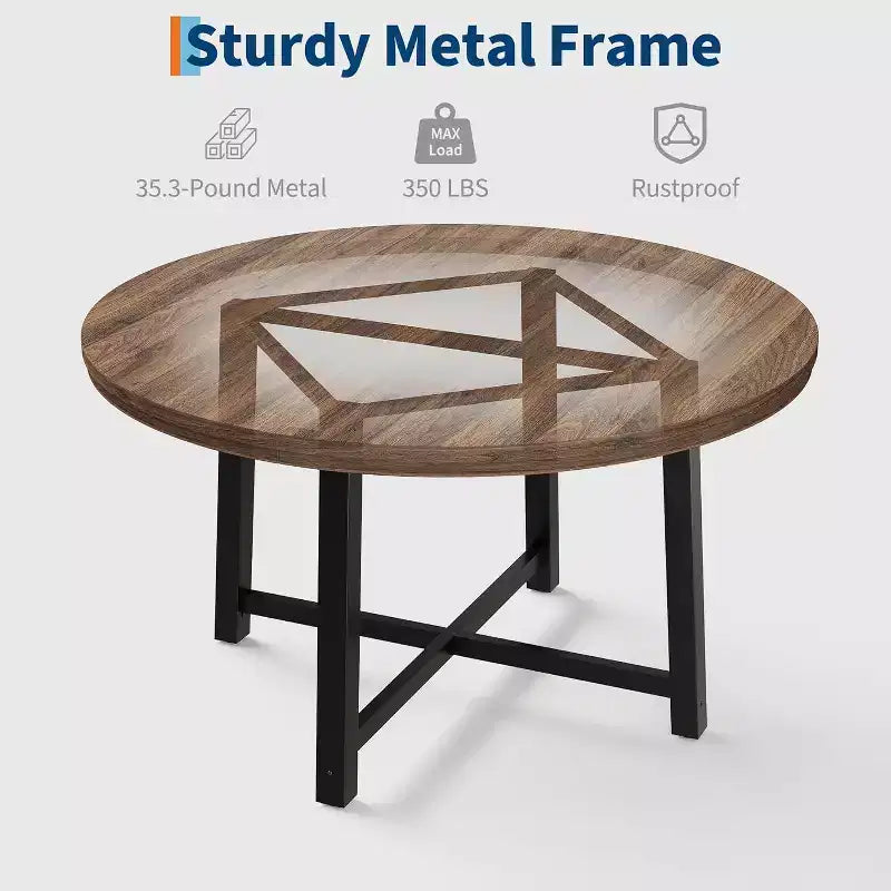 47 Round Dining Table, Industrial Dinner Table for 4 to 6, Wooden Kitchen Table with Sturdy Metal Frame, for Dining Room,KitchenNo Chairs