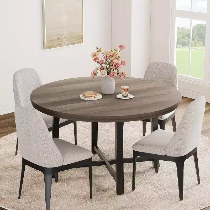 47 Round Dining Table, Industrial Dinner Table for 4 to 6, Wooden Kitchen Table with Sturdy Metal Frame, for Dining Room,KitchenNo Chairs