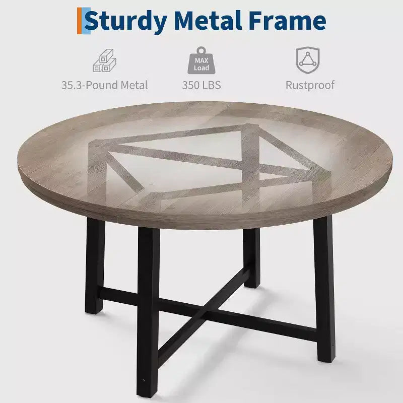 47 Round Dining Table, Industrial Dinner Table for 4 to 6, Wooden Kitchen Table with Sturdy Metal Frame, for Dining Room,KitchenNo Chairs