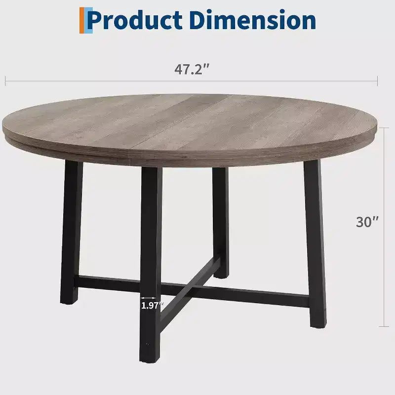 47 Round Dining Table, Industrial Dinner Table for 4 to 6, Wooden Kitchen Table with Sturdy Metal Frame, for Dining Room,KitchenNo Chairs