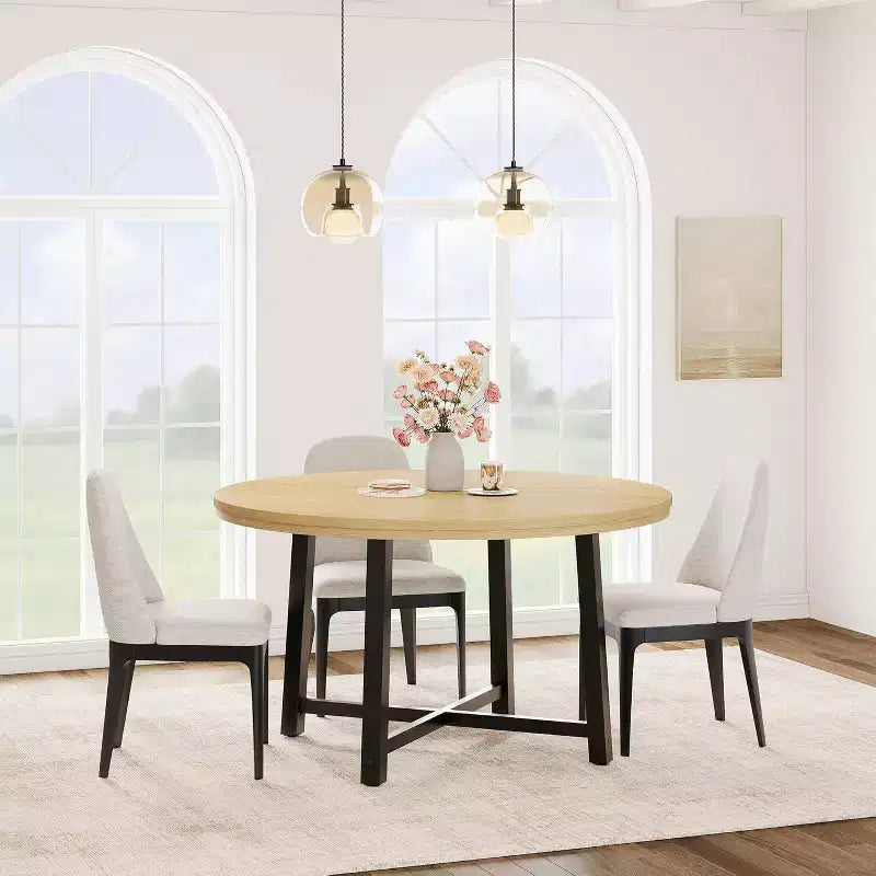 47 Round Dining Table, Industrial Dinner Table for 4 to 6, Wooden Kitchen Table with Sturdy Metal Frame, for Dining Room,KitchenNo Chairs