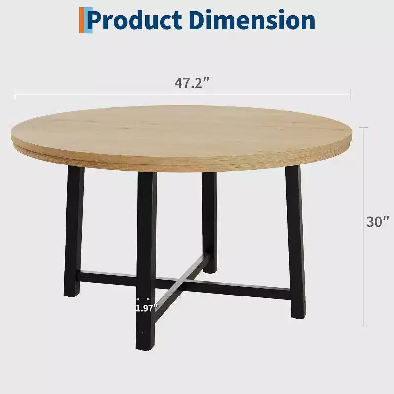 47 Round Dining Table, Industrial Dinner Table for 4 to 6, Wooden Kitchen Table with Sturdy Metal Frame, for Dining Room,KitchenNo Chairs