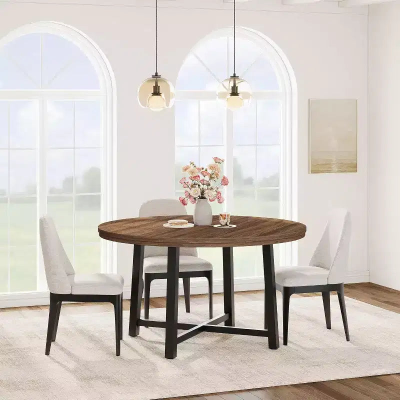 47 Round Dining Table, Industrial Dinner Table for 4 to 6, Wooden Kitchen Table with Sturdy Metal Frame, for Dining Room,KitchenNo Chairs