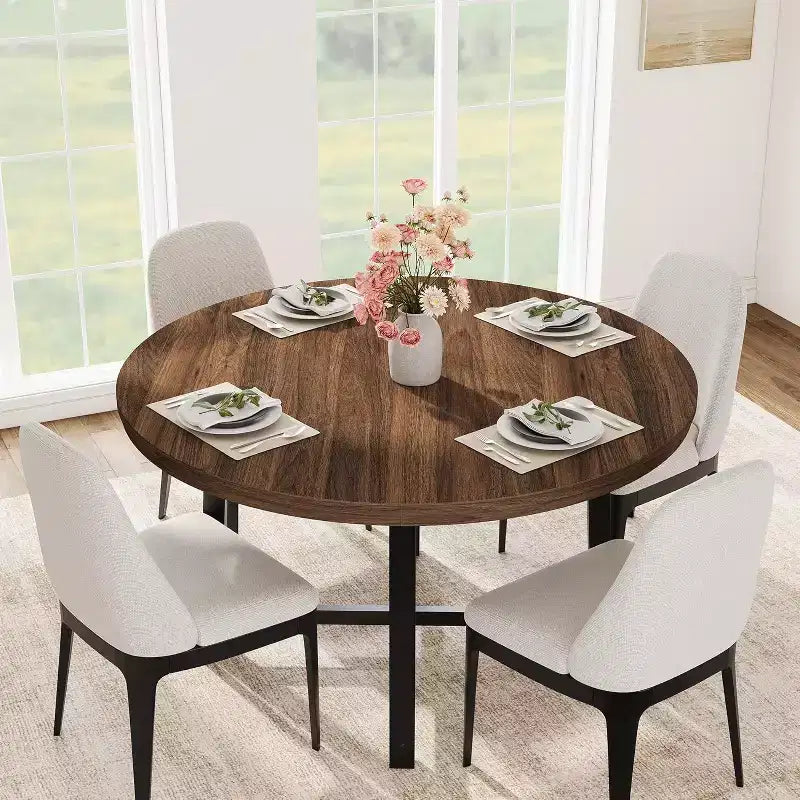 47 Round Dining Table, Industrial Dinner Table for 4 to 6, Wooden Kitchen Table with Sturdy Metal Frame, for Dining Room,KitchenNo Chairs