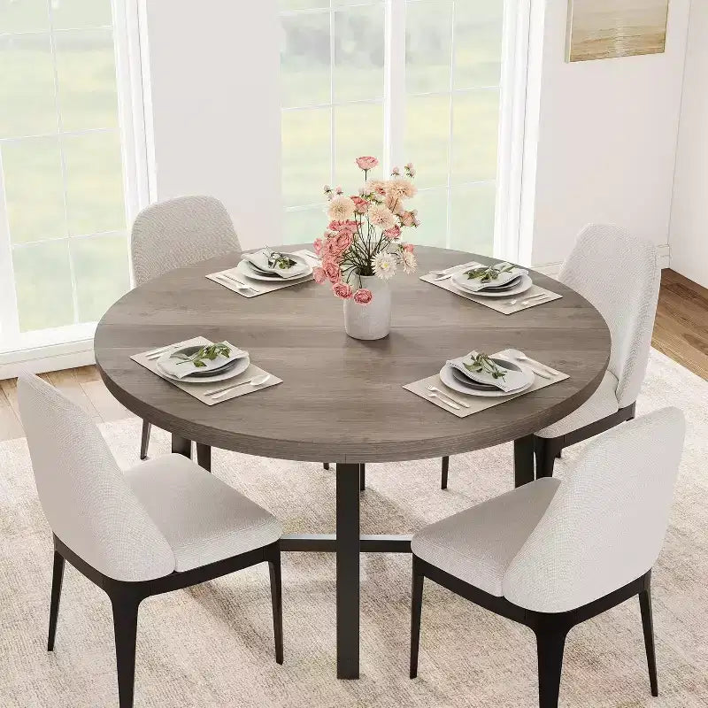 47 Round Dining Table, Industrial Dinner Table for 4 to 6, Wooden Kitchen Table with Sturdy Metal Frame, for Dining Room,KitchenNo Chairs