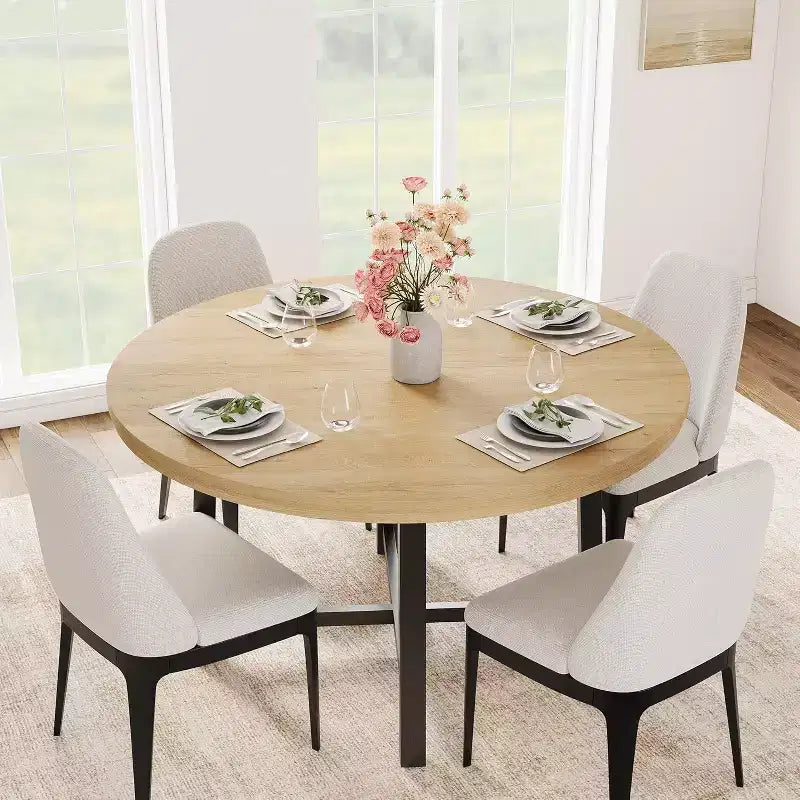 47 Round Dining Table, Industrial Dinner Table for 4 to 6, Wooden Kitchen Table with Sturdy Metal Frame, for Dining Room,KitchenNo Chairs