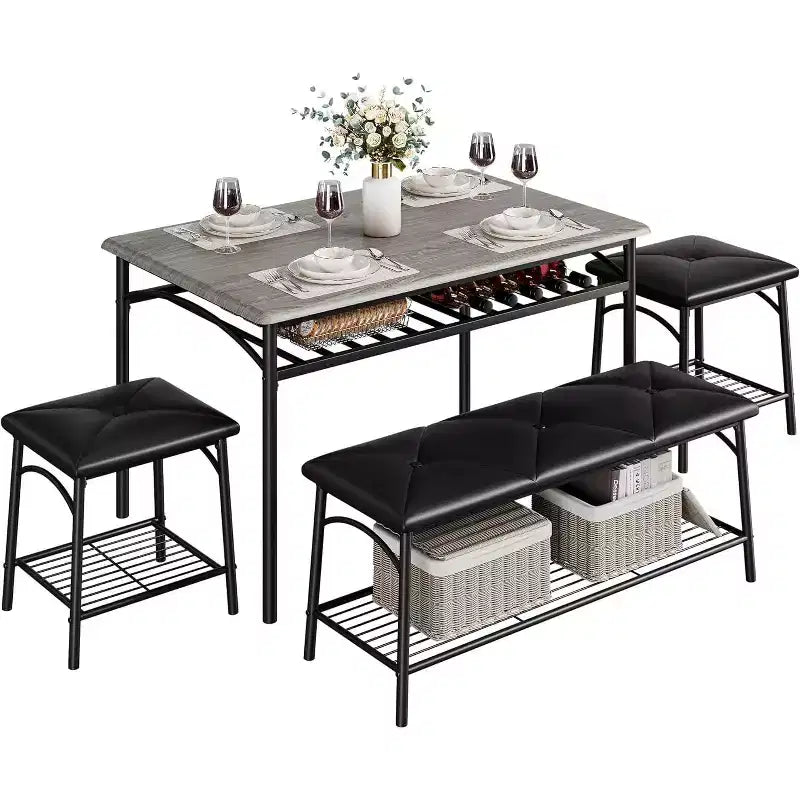 Dining Table Set for 4 with Storage Rack, Kitchen Table w/Upholstered Bench & 2 Chairs, Kitchen Table & Chairs Set for Small Space, Apartment