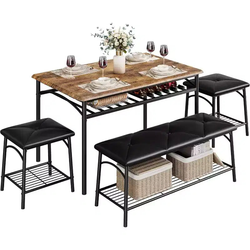 Dining Table Set for 4 with Storage Rack, Kitchen Table w/Upholstered Bench & 2 Chairs, Kitchen Table & Chairs Set for Small Space, Apartment