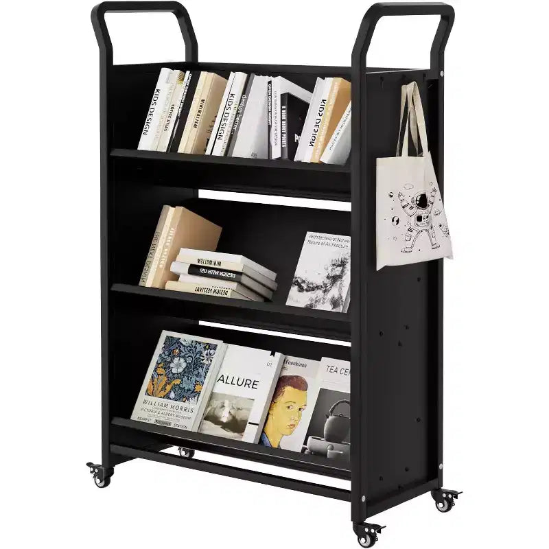 V-Shaped Metal Book Cart - 3-Tier Rolling Storage Shelf with 4 Lockable Wheels & Side Hooks for Home Library, School, Office & Study Room
