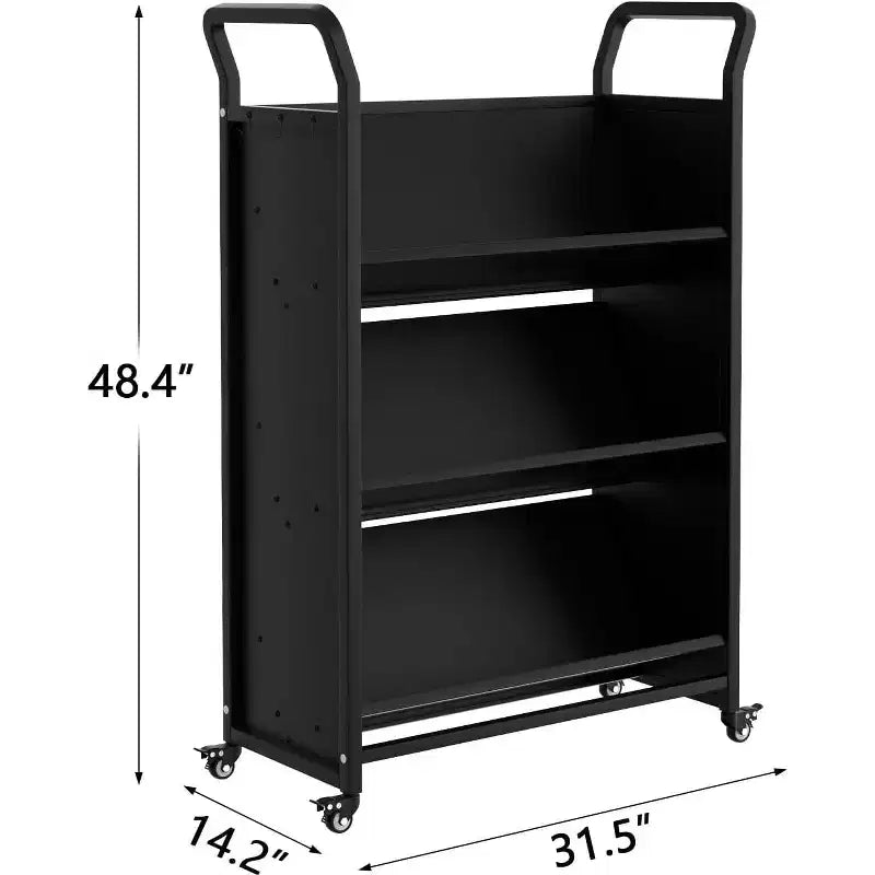 V-Shaped Metal Book Cart - 3-Tier Rolling Storage Shelf with 4 Lockable Wheels & Side Hooks for Home Library, School, Office & Study Room