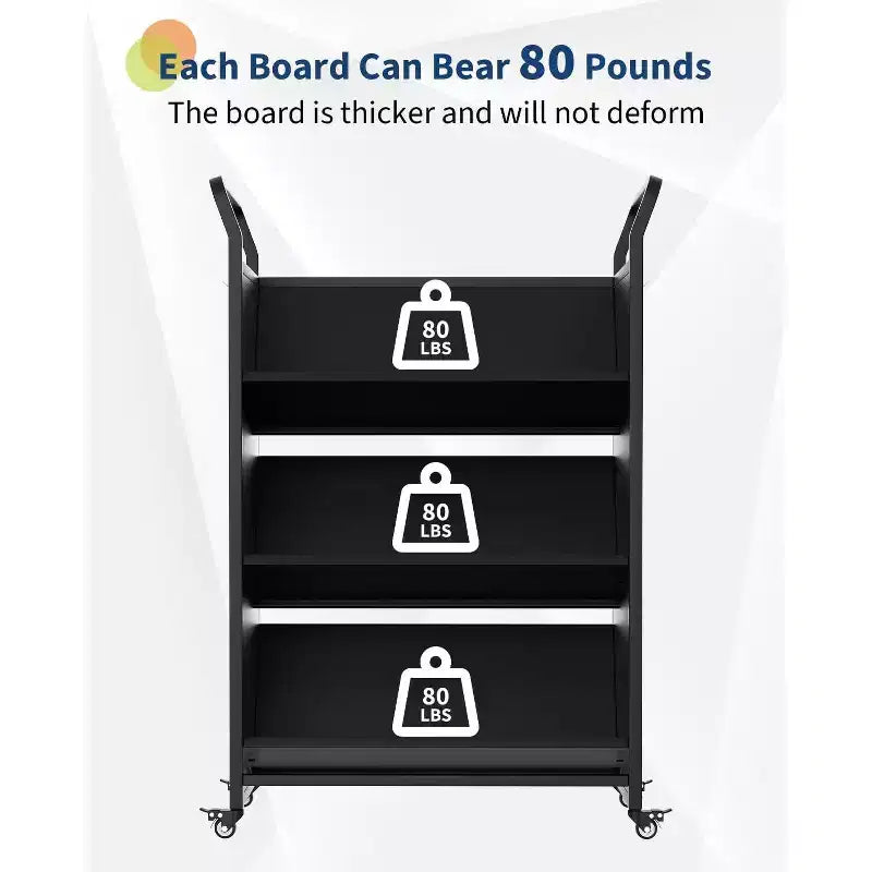 V-Shaped Metal Book Cart - 3-Tier Rolling Storage Shelf with 4 Lockable Wheels & Side Hooks for Home Library, School, Office & Study Room