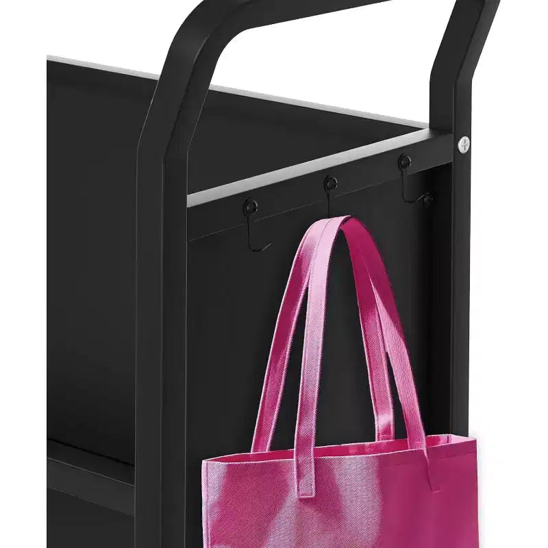 V-Shaped Metal Book Cart - 3-Tier Rolling Storage Shelf with 4 Lockable Wheels & Side Hooks for Home Library, School, Office & Study Room