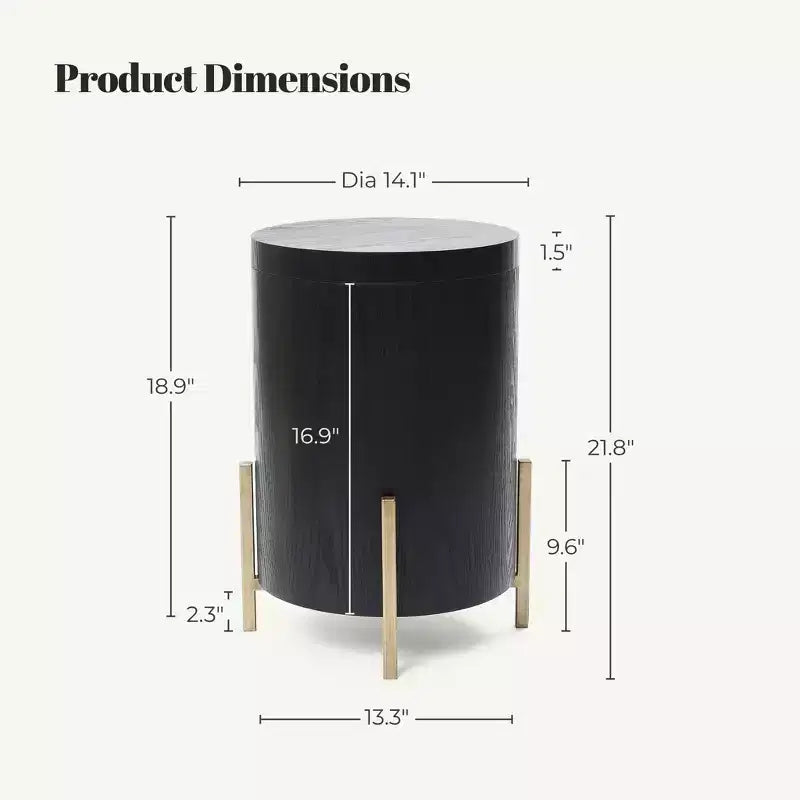 LuxenHome Black MDF Round Side Table, 21.8 Tall with Metal Stand & Storage