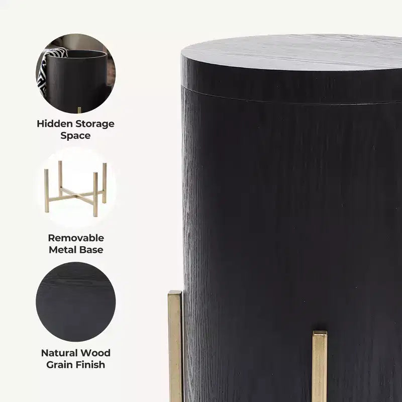 LuxenHome Black MDF Round Side Table, 21.8 Tall with Metal Stand & Storage