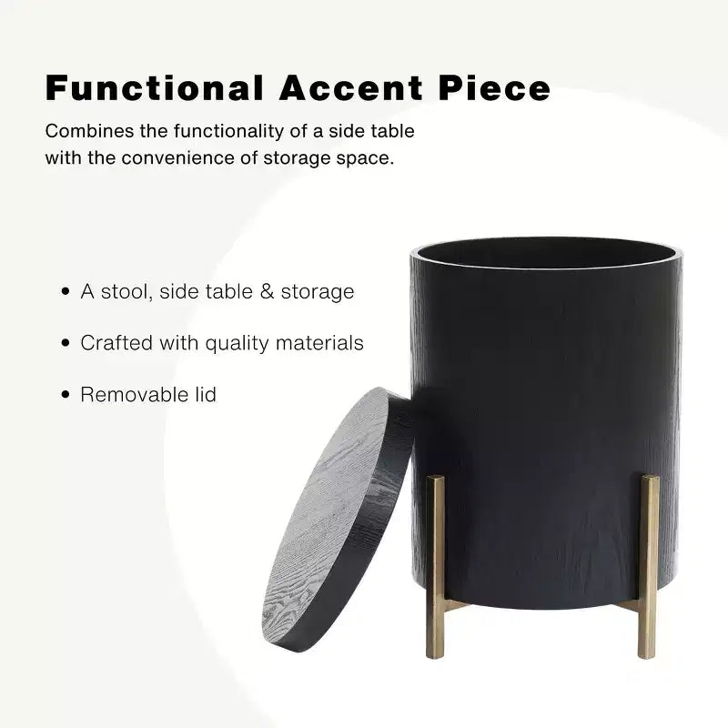 LuxenHome Black MDF Round Side Table, 21.8 Tall with Metal Stand & Storage