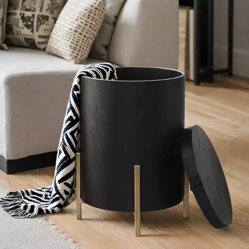 LuxenHome Black MDF Round Side Table, 21.8 Tall with Metal Stand & Storage