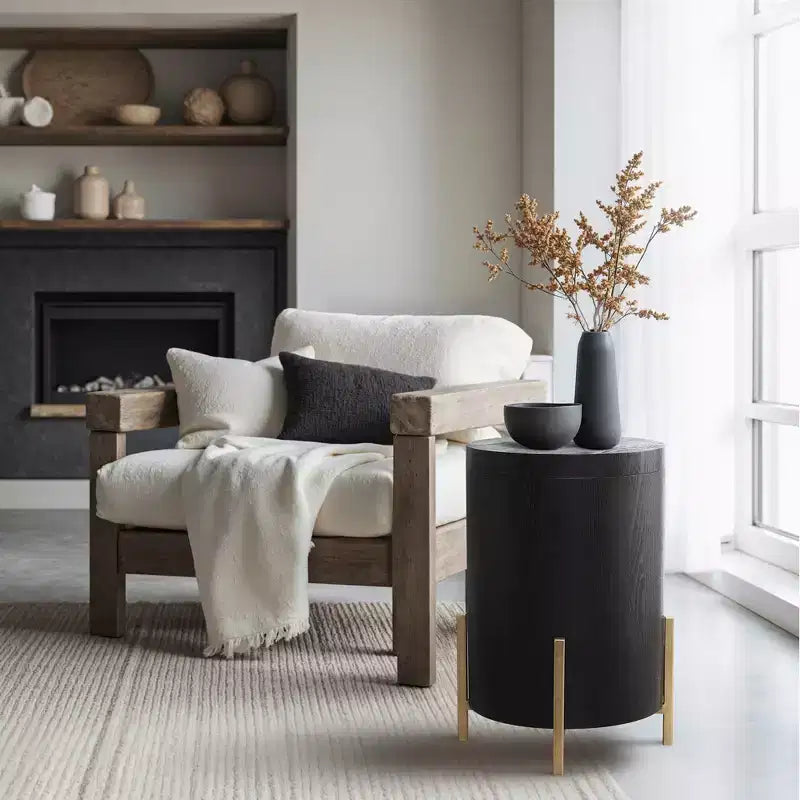 LuxenHome Black MDF Round Side Table, 21.8 Tall with Metal Stand & Storage