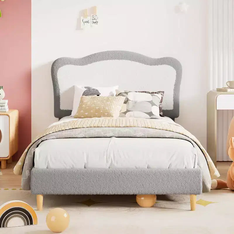 Upholstered Single Children's Bed Frame with Storage Drawers and Scalloped Headboard, Sturdy Wooden Slats for Support, Children's Bedroom Furniture