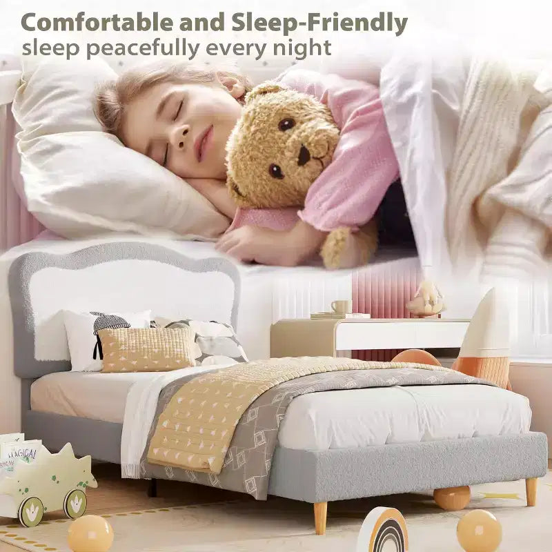 Upholstered Single Children's Bed Frame with Storage Drawers and Scalloped Headboard, Sturdy Wooden Slats for Support, Children's Bedroom Furniture