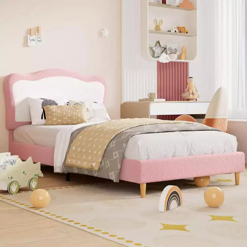 Upholstered Single Children's Bed Frame with Storage Drawers and Scalloped Headboard, Sturdy Wooden Slats for Support, Children's Bedroom Furniture