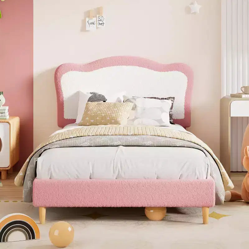 Upholstered Single Children's Bed Frame with Storage Drawers and Scalloped Headboard, Sturdy Wooden Slats for Support, Children's Bedroom Furniture