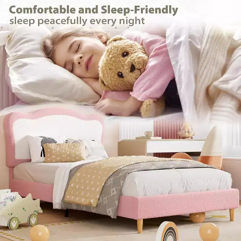 Upholstered Single Children's Bed Frame with Storage Drawers and Scalloped Headboard, Sturdy Wooden Slats for Support, Children's Bedroom Furniture
