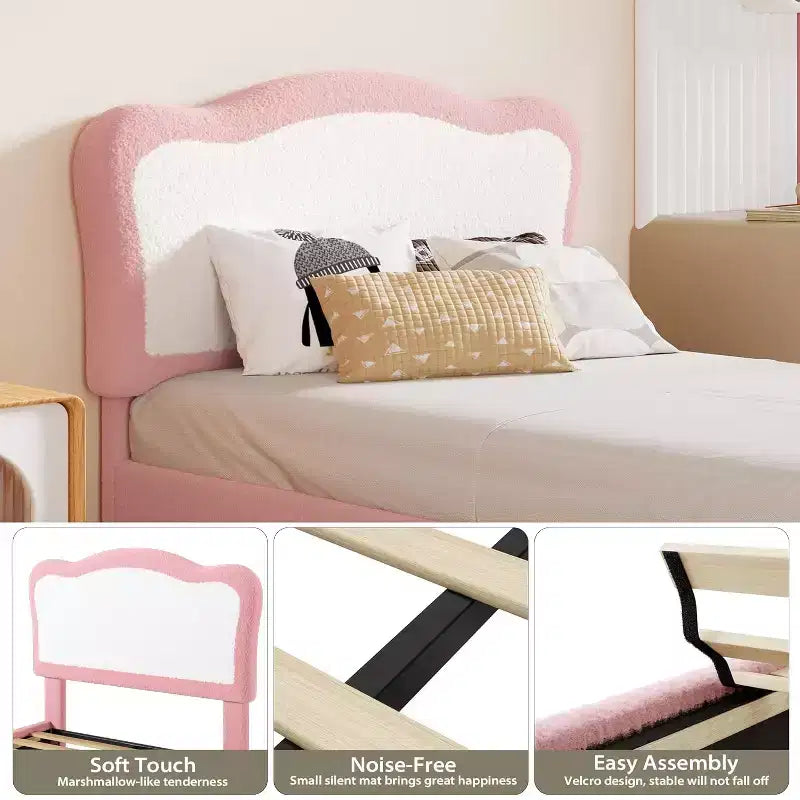 Upholstered Single Children's Bed Frame with Storage Drawers and Scalloped Headboard, Sturdy Wooden Slats for Support, Children's Bedroom Furniture