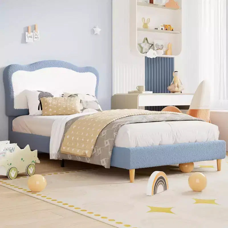 Upholstered Single Children's Bed Frame with Storage Drawers and Scalloped Headboard, Sturdy Wooden Slats for Support, Children's Bedroom Furniture
