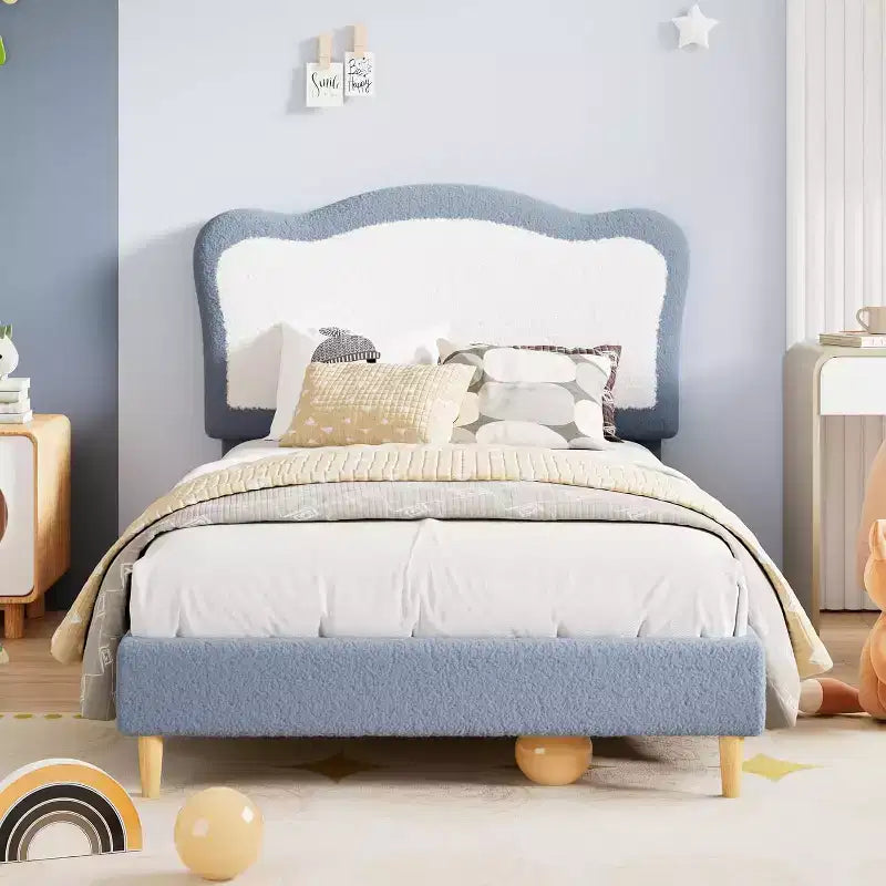 Upholstered Single Children's Bed Frame with Storage Drawers and Scalloped Headboard, Sturdy Wooden Slats for Support, Children's Bedroom Furniture