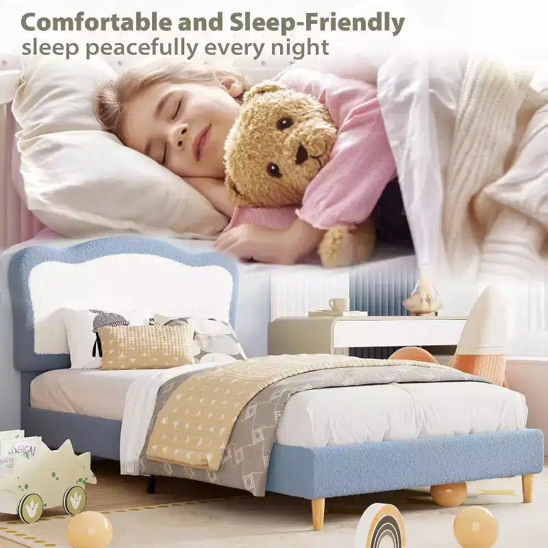 Upholstered Single Children's Bed Frame with Storage Drawers and Scalloped Headboard, Sturdy Wooden Slats for Support, Children's Bedroom Furniture