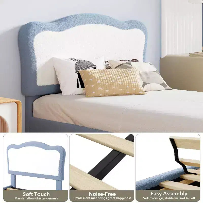 Upholstered Single Children's Bed Frame with Storage Drawers and Scalloped Headboard, Sturdy Wooden Slats for Support, Children's Bedroom Furniture