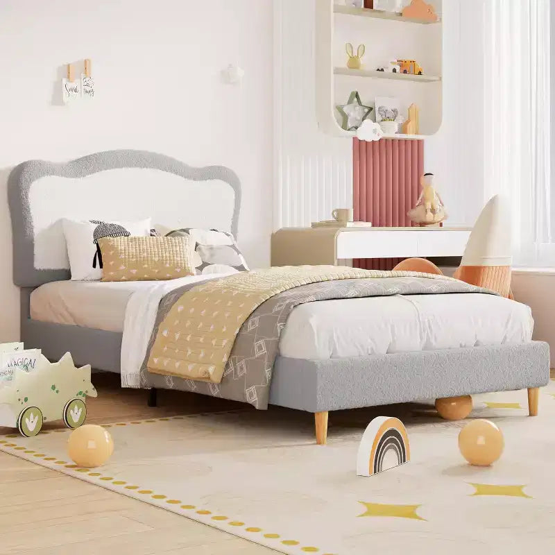 Upholstered Single Children's Bed Frame with Storage Drawers and Scalloped Headboard, Sturdy Wooden Slats for Support, Children's Bedroom Furniture