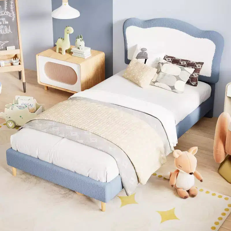 Upholstered Single Children's Bed Frame with Storage Drawers and Scalloped Headboard, Sturdy Wooden Slats for Support, Children's Bedroom Furniture