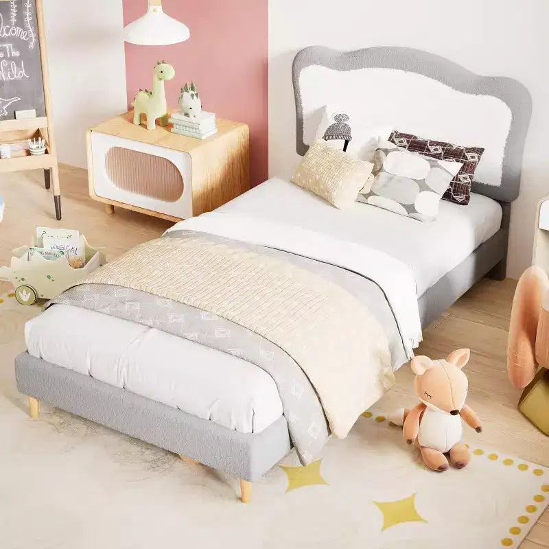 Upholstered Single Children's Bed Frame with Storage Drawers and Scalloped Headboard, Sturdy Wooden Slats for Support, Children's Bedroom Furniture