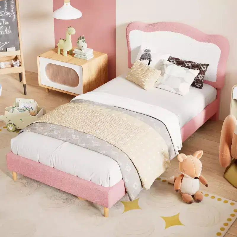 Upholstered Single Children's Bed Frame with Storage Drawers and Scalloped Headboard, Sturdy Wooden Slats for Support, Children's Bedroom Furniture