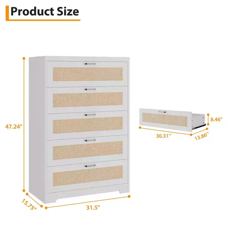 COZONY Tall 5-Drawer Rattan Dresser, Wooden Storage Chest with Wide Top for Bedroom Living Room Entryway