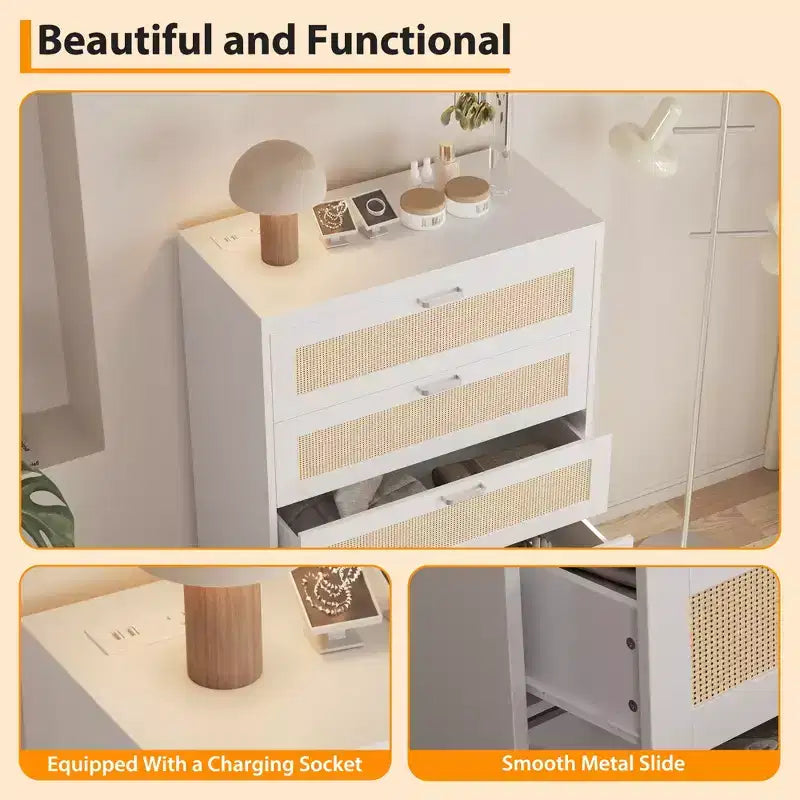 COZONY Tall 5-Drawer Rattan Dresser, Wooden Storage Chest with Wide Top for Bedroom Living Room Entryway