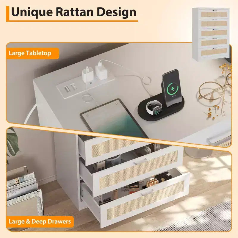 COZONY Tall 5-Drawer Rattan Dresser, Wooden Storage Chest with Wide Top for Bedroom Living Room Entryway