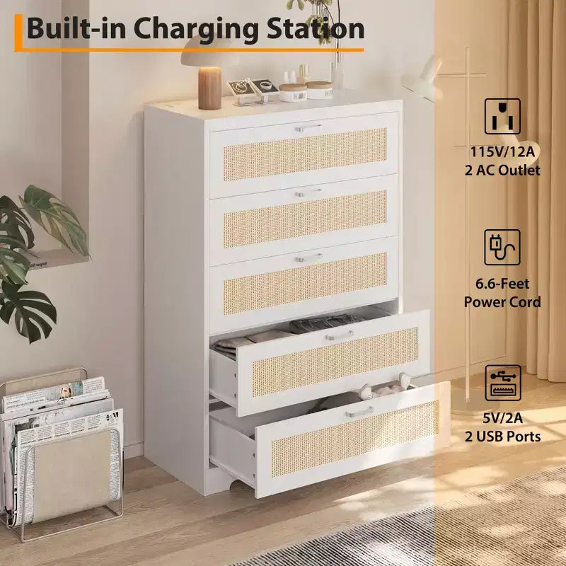 COZONY Tall 5-Drawer Rattan Dresser, Wooden Storage Chest with Wide Top for Bedroom Living Room Entryway