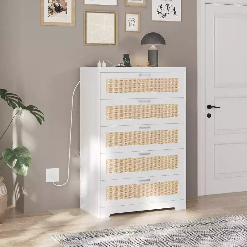 COZONY Tall 5-Drawer Rattan Dresser, Wooden Storage Chest with Wide Top for Bedroom Living Room Entryway