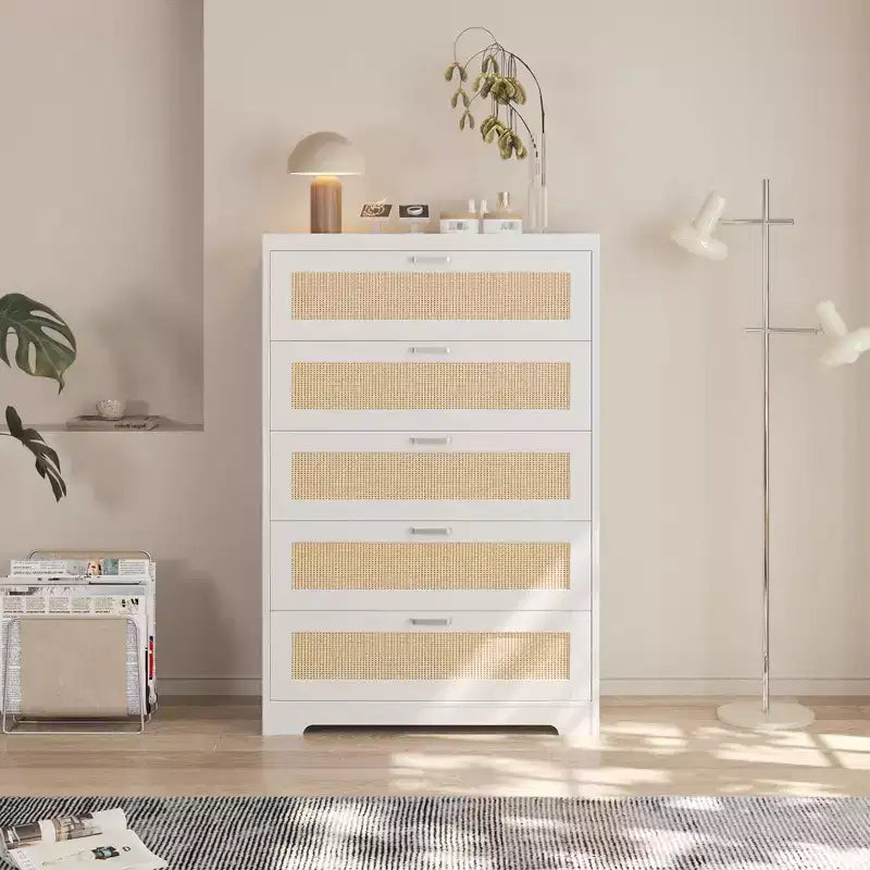COZONY Tall 5-Drawer Rattan Dresser, Wooden Storage Chest with Wide Top for Bedroom Living Room Entryway
