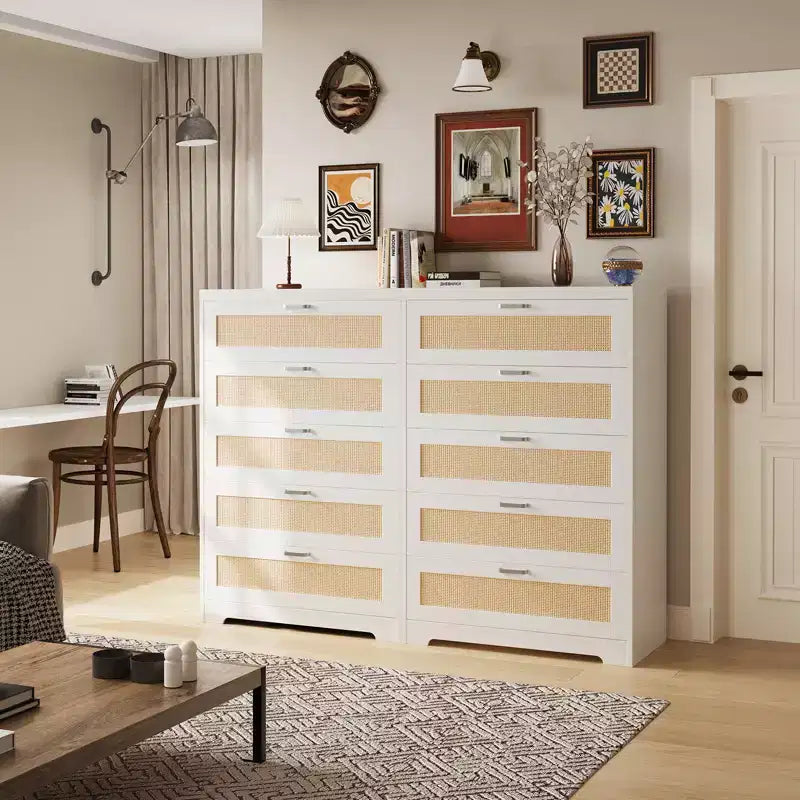 COZONY Tall 5-Drawer Rattan Dresser, Wooden Storage Chest with Wide Top for Bedroom Living Room Entryway